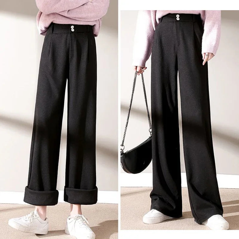 Women's High Waisted Woolen Pants | Autumn Winter Thick Trousers | Classic Straight Leg Fashion Pants