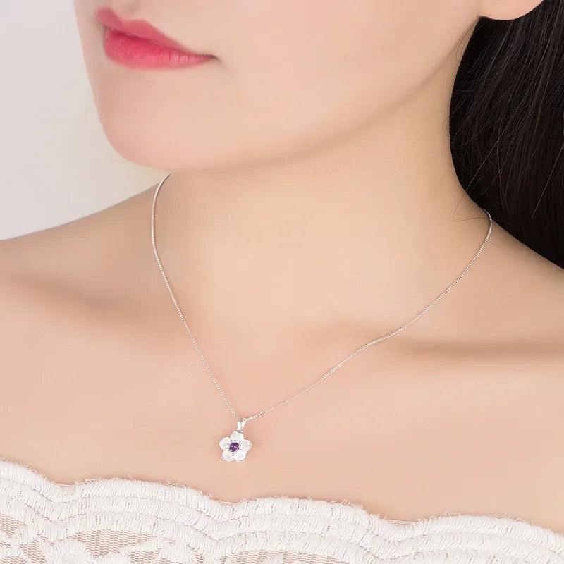925 Sterling Silver Pink Purple Peach Blossom Necklace | Retro Luxury Jewelry for Women