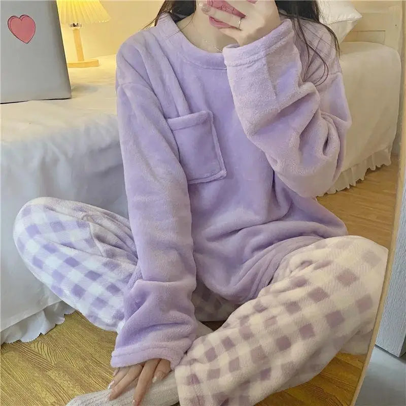 ❄️ Fleece Thick Warm Women’s Pajamas Set 🛌 Soft Winter Sleepwear | Cozy Solid Top & Plaid Pants Pijamas Home Suit ❤️