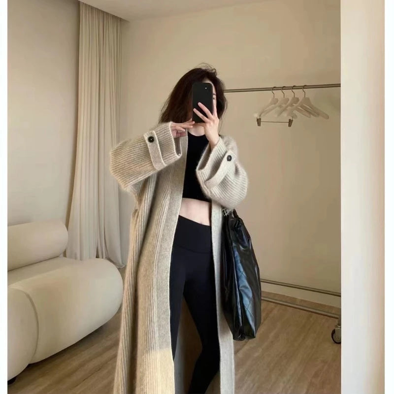 Women’s Retro Long Knitted Cardigan | Loose Solid Color Sweater Jacket for Autumn & Winter Fashion