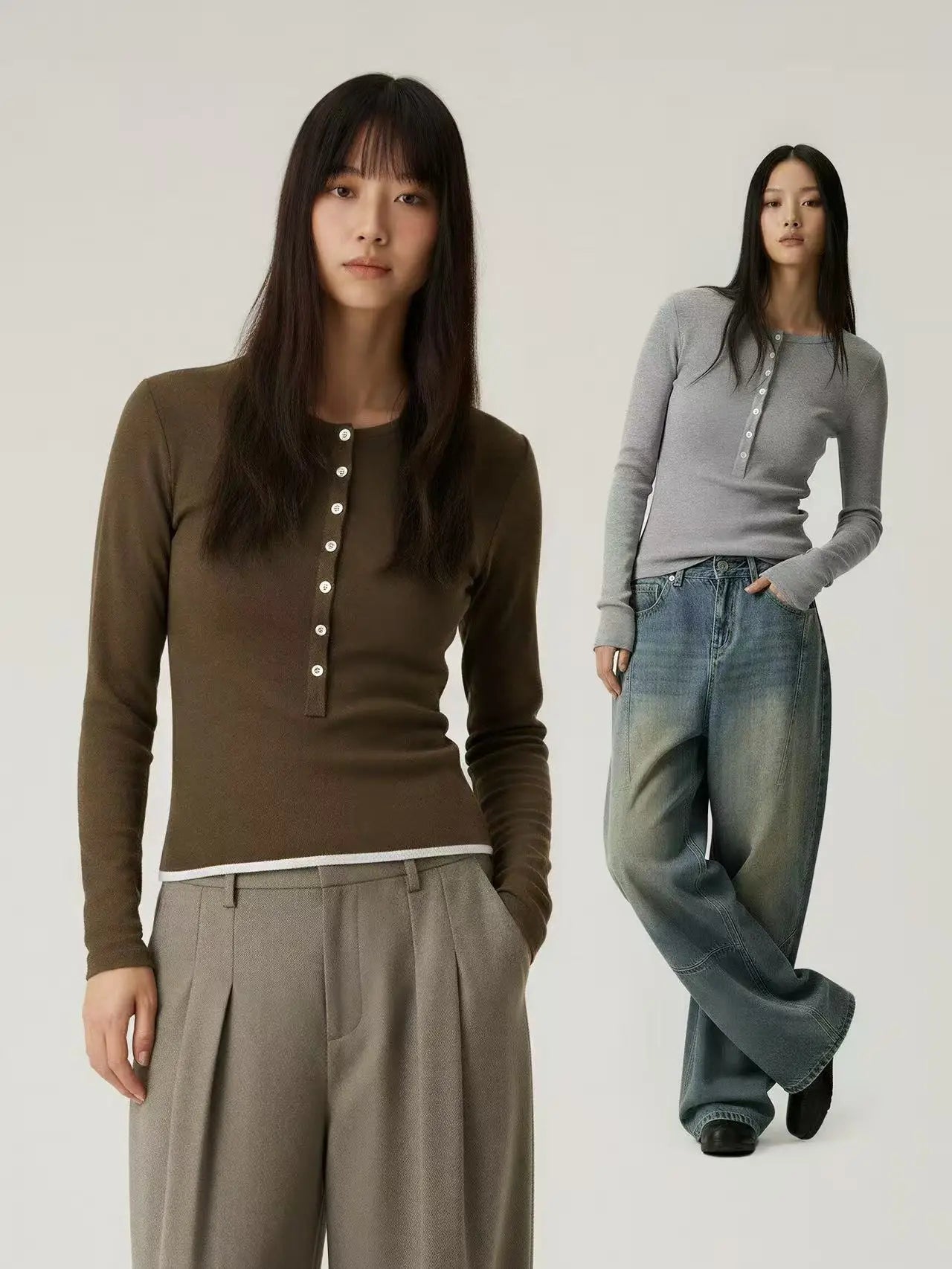Women’s Casual Henley Neck Long Sleeve T-Shirt – Minimalist Solid Skinny Lenzing Lyocell Top