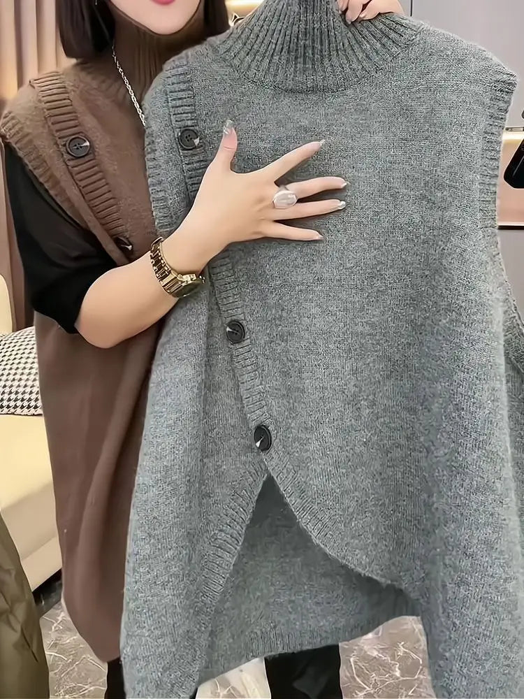 Women’s Sleeveless Long Sweater Vest | Vintage Irregular Spliced Button Knitwear | Elegant Turtleneck Loose Pullover