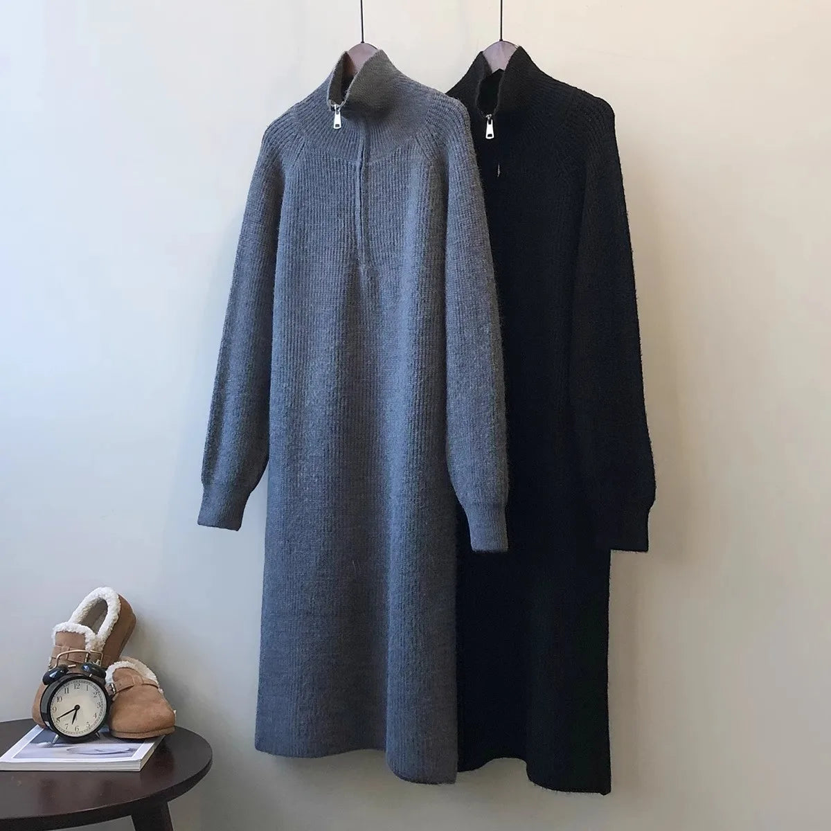 Thickened Long Sleeve Knitted Dress with Zipper Collar – Straight Tube Korean Style Winter Women’s Commute Warm Dress