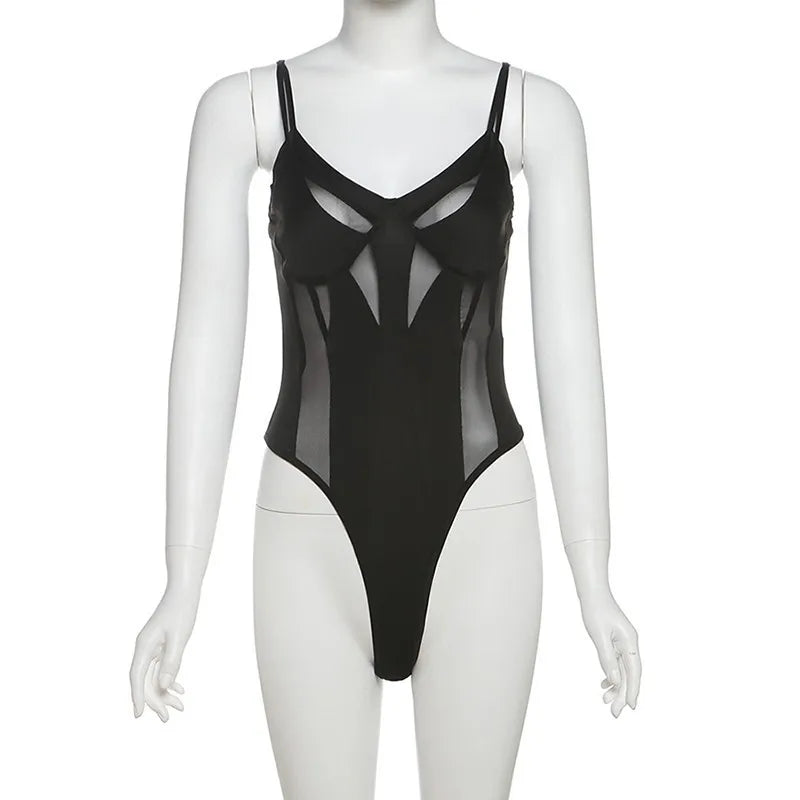 SylCue Mesh Patchwork Bodysuit – Sexy Low-Neck Backless Slim Fit Streetwear 🔥👗