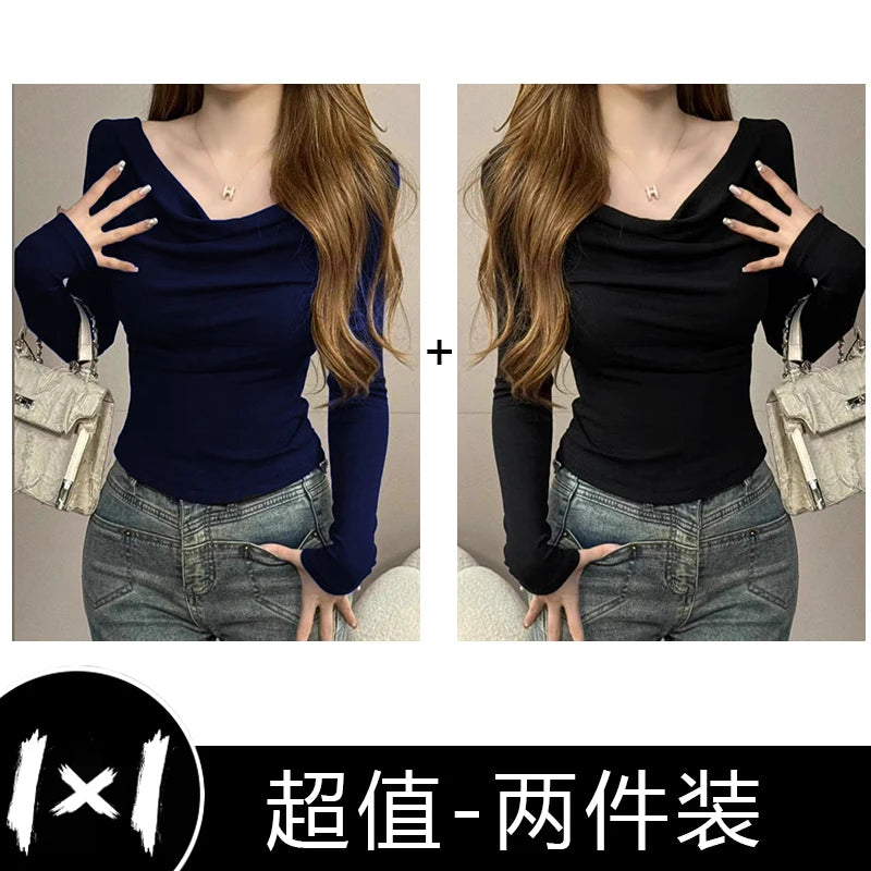 Spicy Girl One-Shoulder Long Sleeve T-Shirt for Women – Slim Fit Knitted Cotton Inner & Outer Wear Top | INS Youth Commute Style