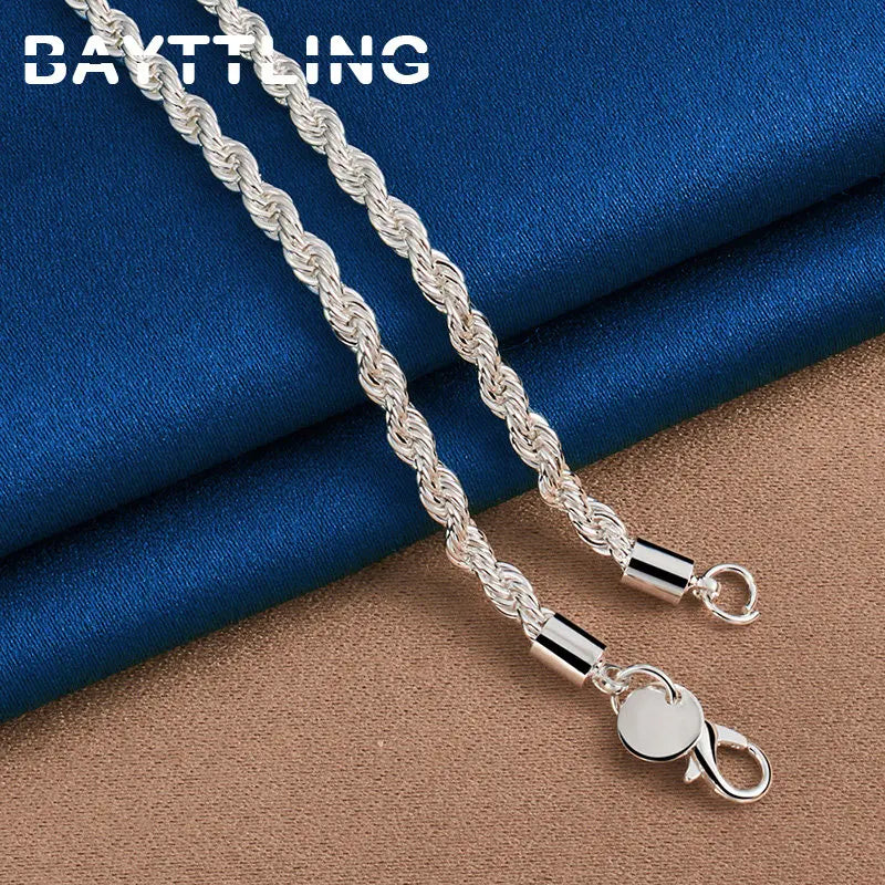 Charm 925 Sterling Silver 4MM Rope Chain Necklace & Bracelet Set – Men Women Fashion Wedding Jewelry Gift
