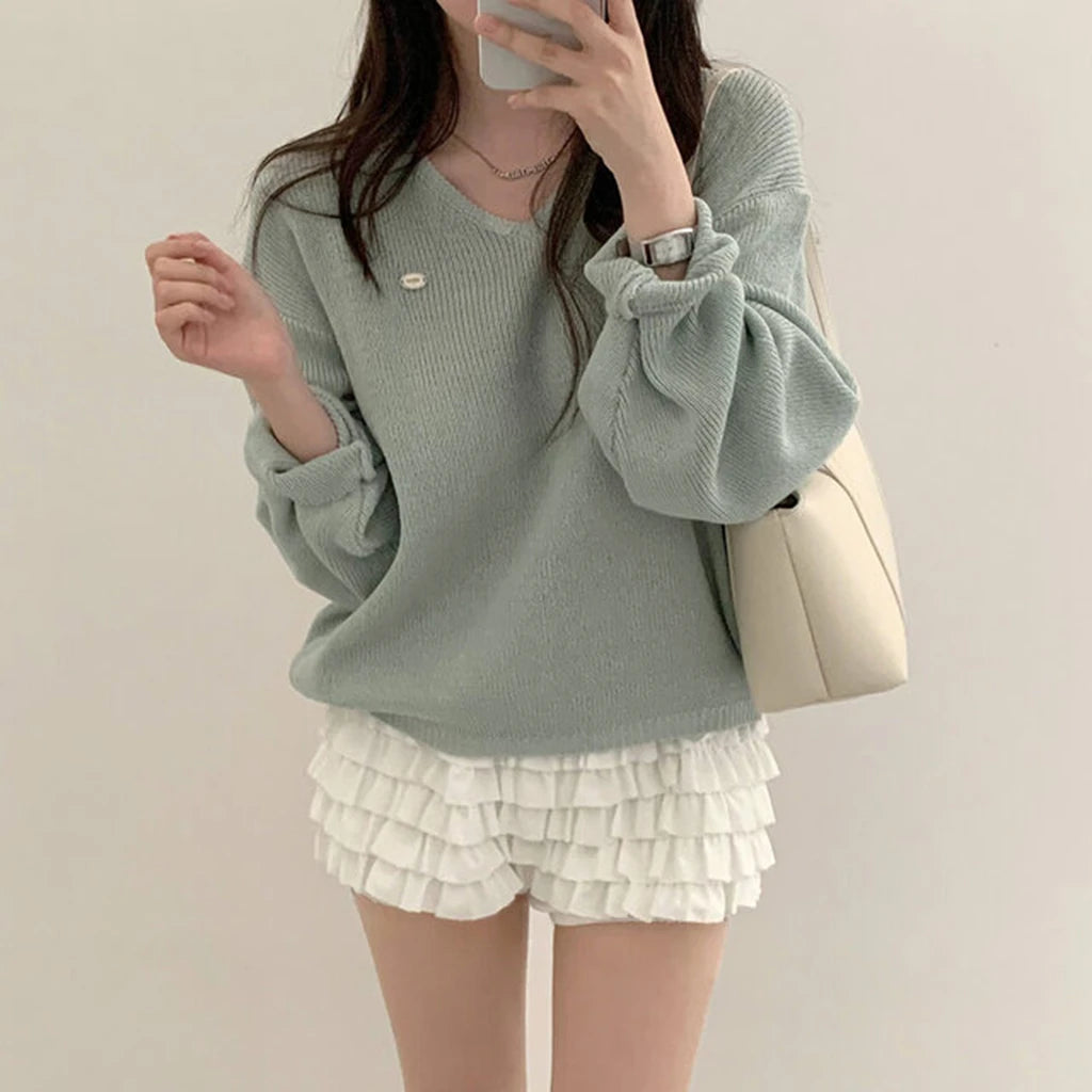 Loose Women’s Knitwear V-Neck Long Sleeve T-Shirt – Casual Comfortable Fashionable Autumn Top New Arrival