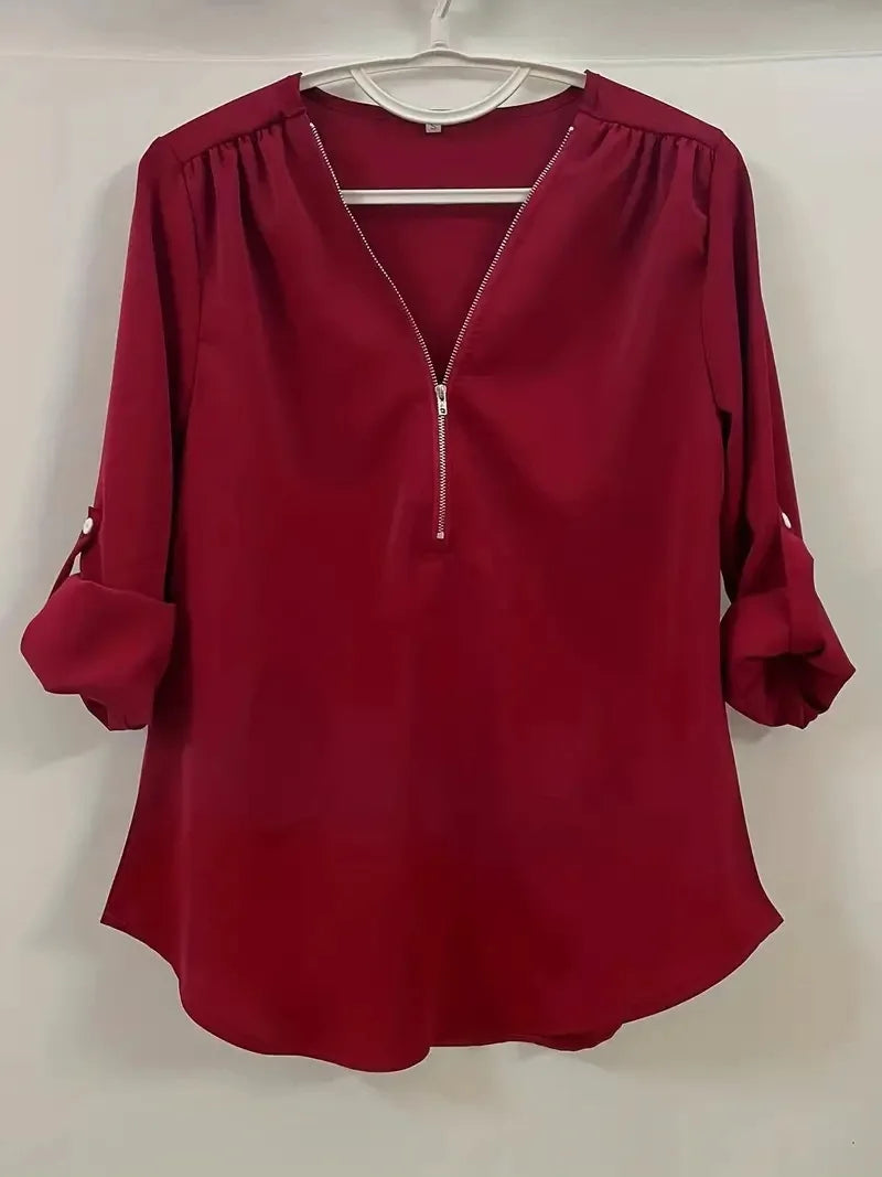 Summer Women’s Chiffon Blouse | Deep V-Neck Zipper Tops | Casual Loose Long Sleeve Plus Size Shirt
