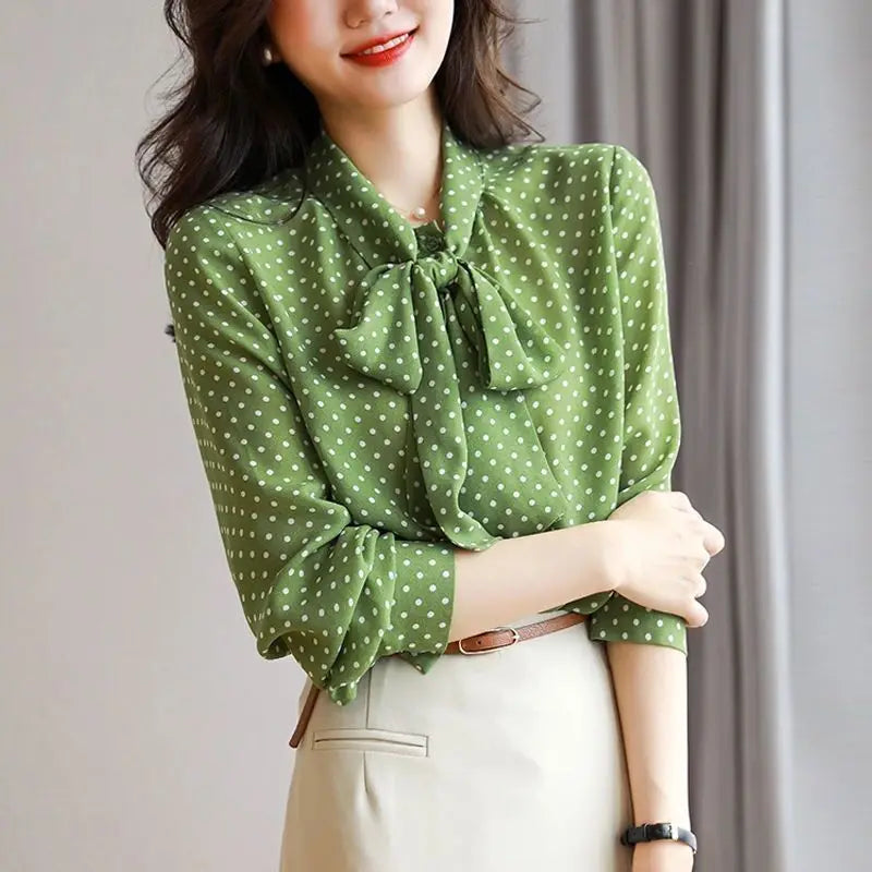 Spring Autumn Women’s Shawl Collar Long Sleeve Blouse – Bow Polka Dot Print Elegant Thin Shirt 🌸✨