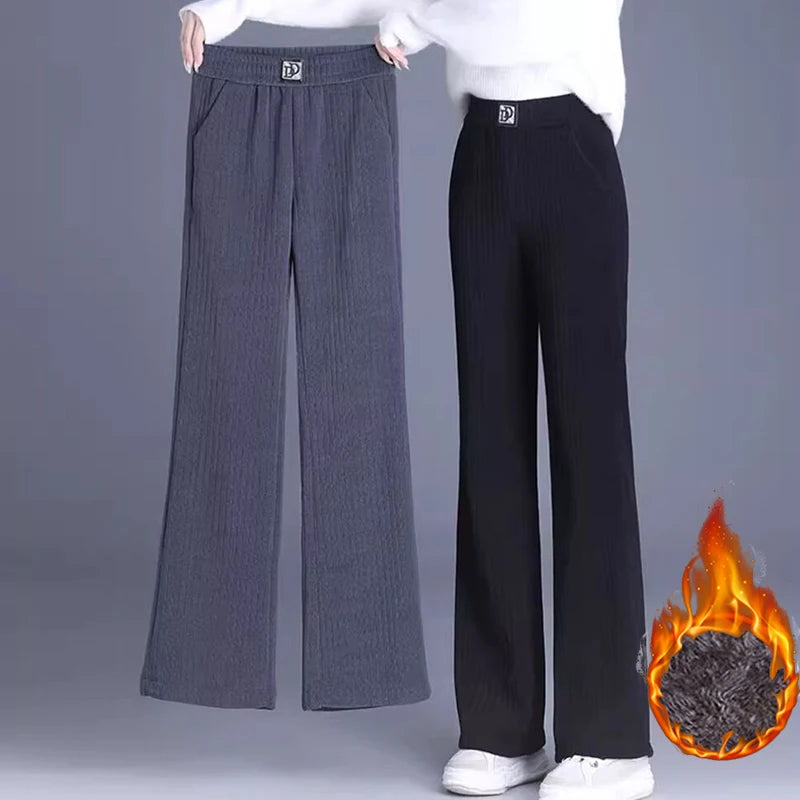 Winter Women High Waist Thermal Plush Pants – Straight Leg Fleece Trousers for Warm Casual Daily Wear