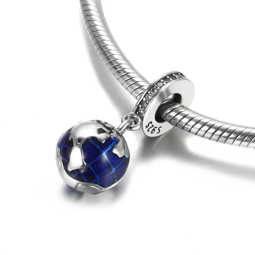 925 Sterling Silver Blue Planet & Dolphin Galaxy Dangle Charm | Women’s Bracelet DIY Jewelry