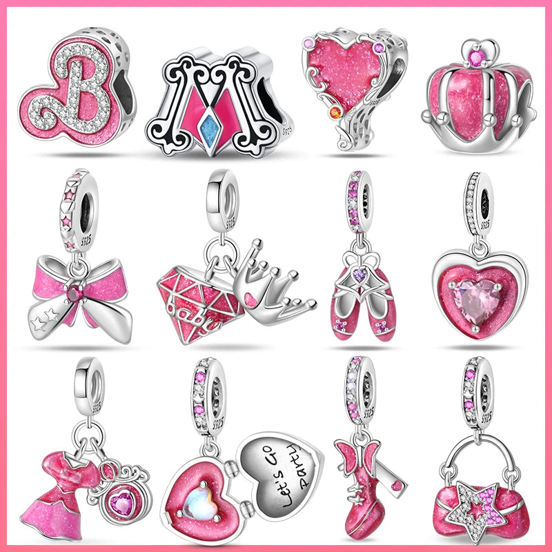 925 Sterling Silver Romantic Princess Charm Beads – Pink Dress, Lipstick & Dancing Shoes Fit 3MM Bracelet