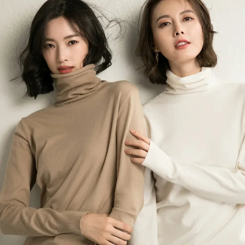 2025 Women’s Autumn Winter Turtleneck Sweater – Slim Fit Korean Knit Tops | Stretch Basic Pullovers