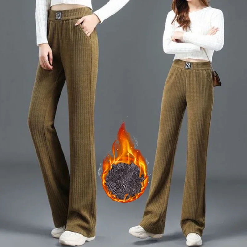 Winter Women High Waist Thermal Plush Pants – Straight Leg Fleece Trousers for Warm Casual Daily Wear