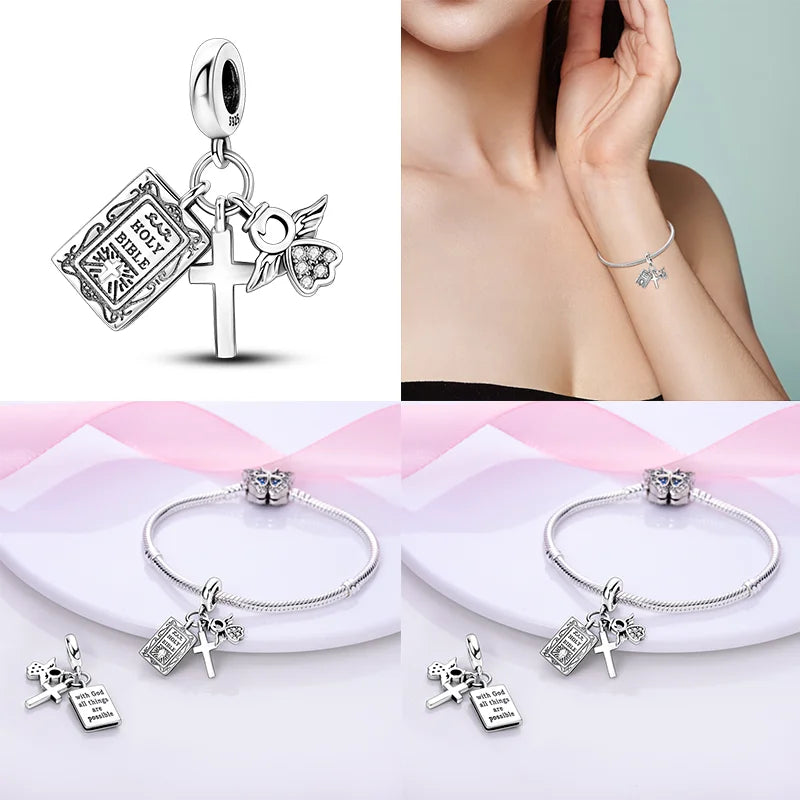 Hot Bible Cross Pink Zircon Charm – 925 Sterling Silver DIY Bracelet for Women