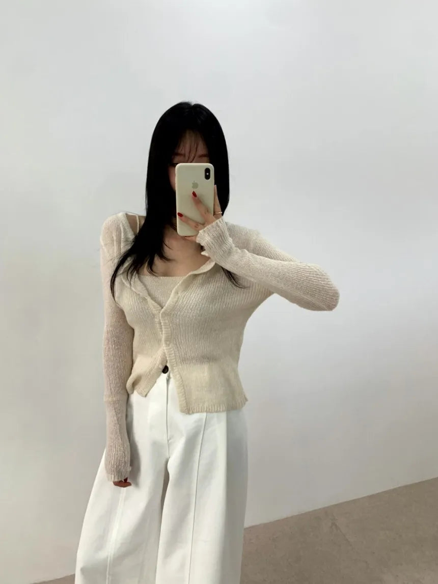 Simple round Ne Button up Knit Sweater Strap Set Casual Sle Polyester Fiber Open Cardigan for Women Autumn Winter ential