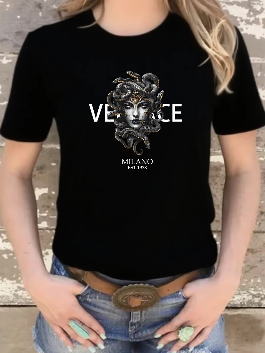 Luxury Black Cartoon Print Sailor Collar T-Shirt | Women’s Y2K Summer Trend Top