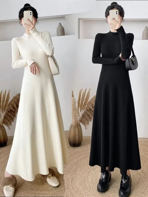 Women’s Knitted A-Line Dress – Slimming Waist Design Autumn Winter Sweater Long Dress | High-End Inner Wear
