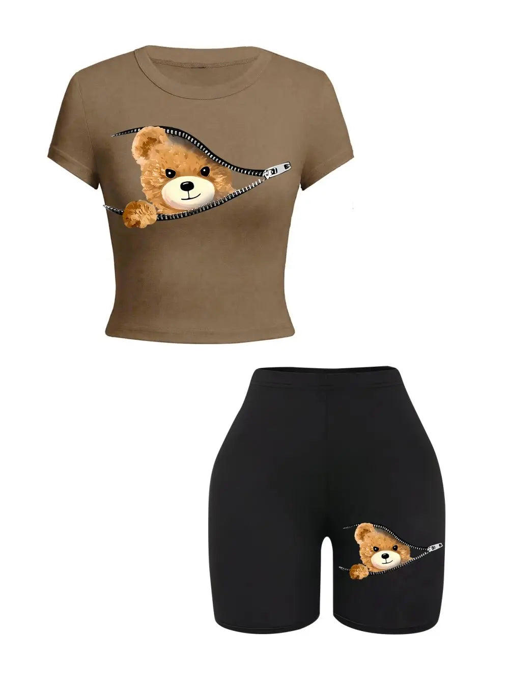 Women’s 2-Piece Slim Crop T-Shirt & Shorts Set – Teddy Bear Zipper Print Sporty Summer Outfit 🧸✨