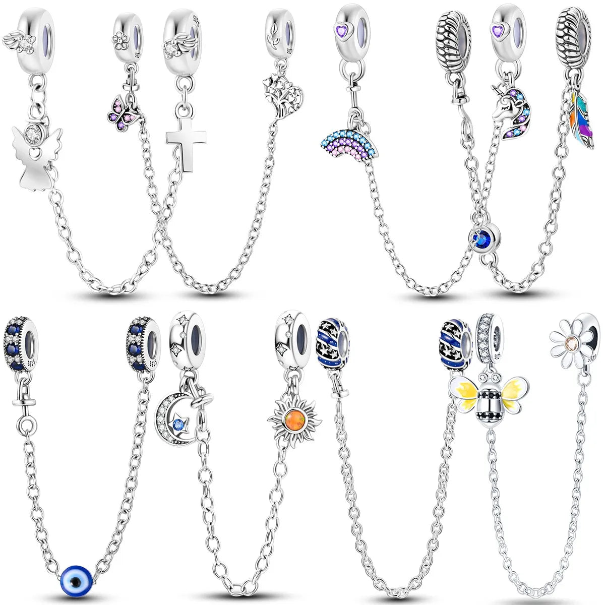 925 Sterling Silver Star Moon Safety Chain Charm | Pandora Fit Jewelry