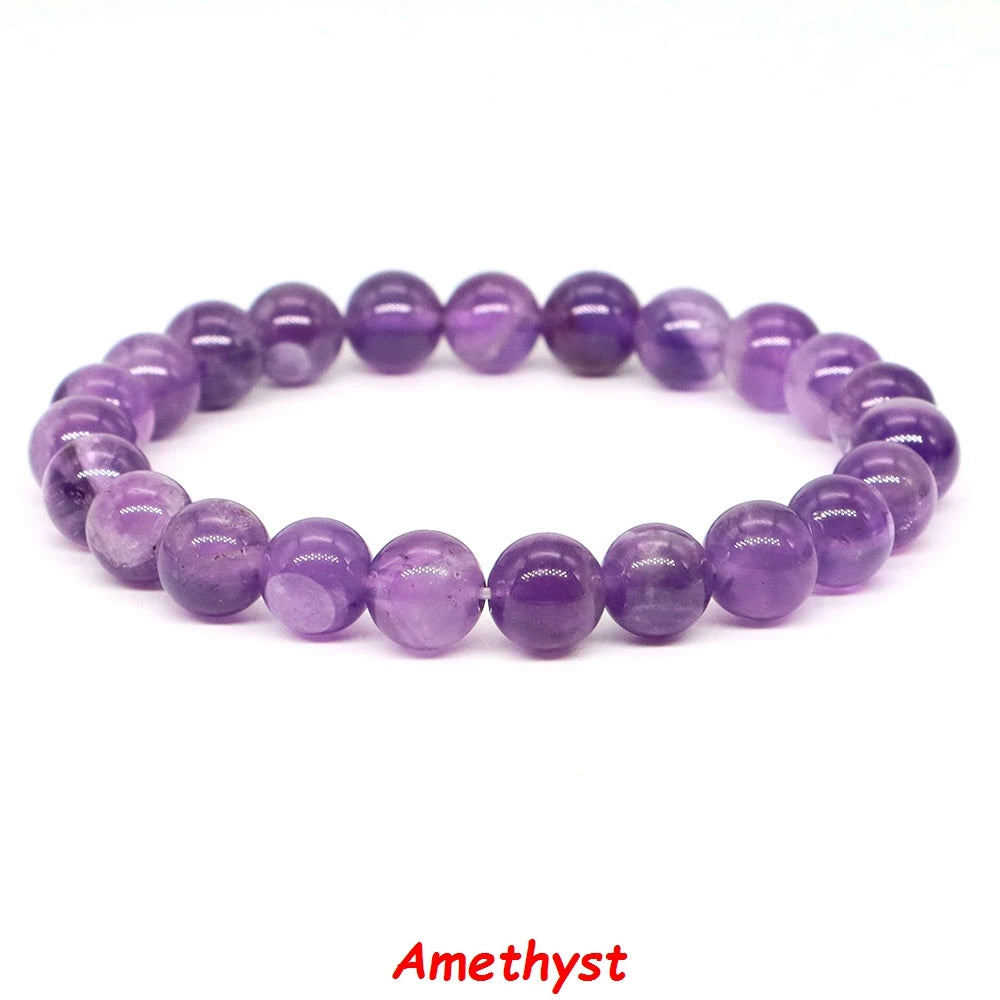 Natural Stone Healing Crystal Bracelet | Amethyst, Quartz & Agate Round Beads Elastic Stretch Bangle for Women & Men