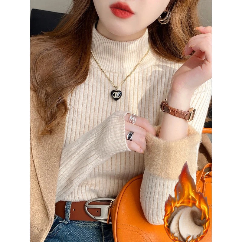 Women’s Turtleneck Sweater Winter 2025 – Retro Velvet-Lined Thick Thermal Knitted Bottoming Shirt | Warm Inner Wear Pullover