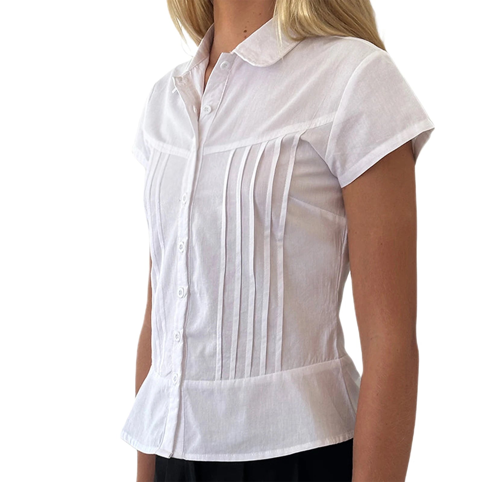 Women’s Summer Slim Fit Shirt – Solid Color Short Sleeve Lapel Button Down Pleated Top Streetwear
