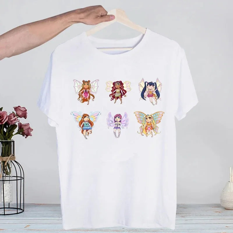 Butterfly Fairy Graphic T-Shirt | Women’s 90s Trend White Short Sleeve Tee | Casual Printed Top