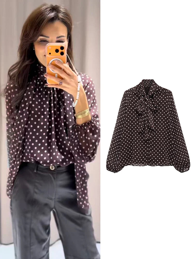Women’s Vintage Polka Dot Blouse – Bow Detail Long Sleeve Casual Elegant Top 👚✨