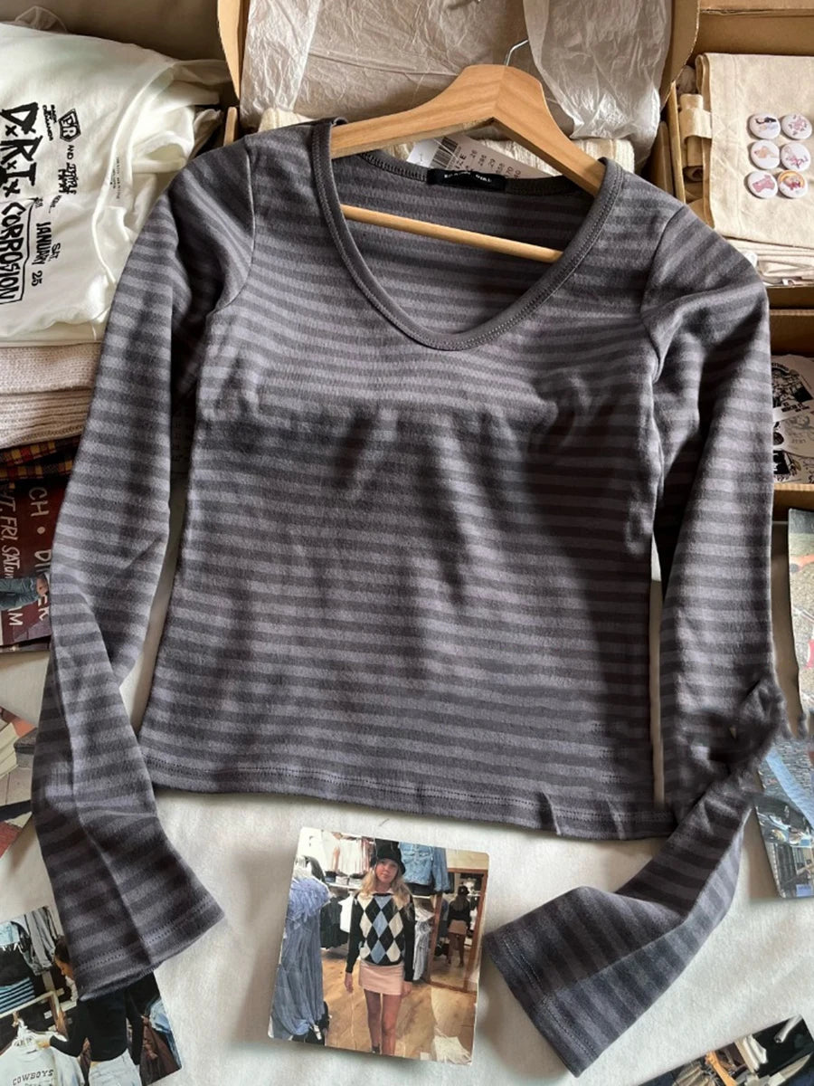 Women’s Pink Striped Slim Long Sleeve Tee | Casual Cotton O-Neck T-Shirt | Sweet Vintage Y2K Top