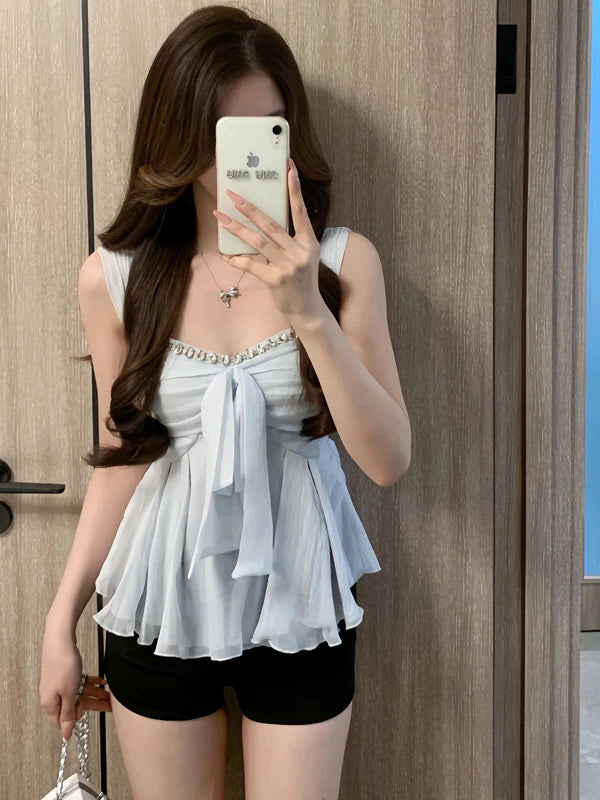 Pure Desire Knot Strap Diamond Vest – Women’s Summer Outdoor Waist Cinching Sleeveless Top Blue