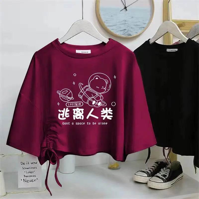 Women’s Drawstring Cotton T-Shirt | Loose O-Neck Drop Sleeve Pullover | Spring Summer Casual Solid Knit Top