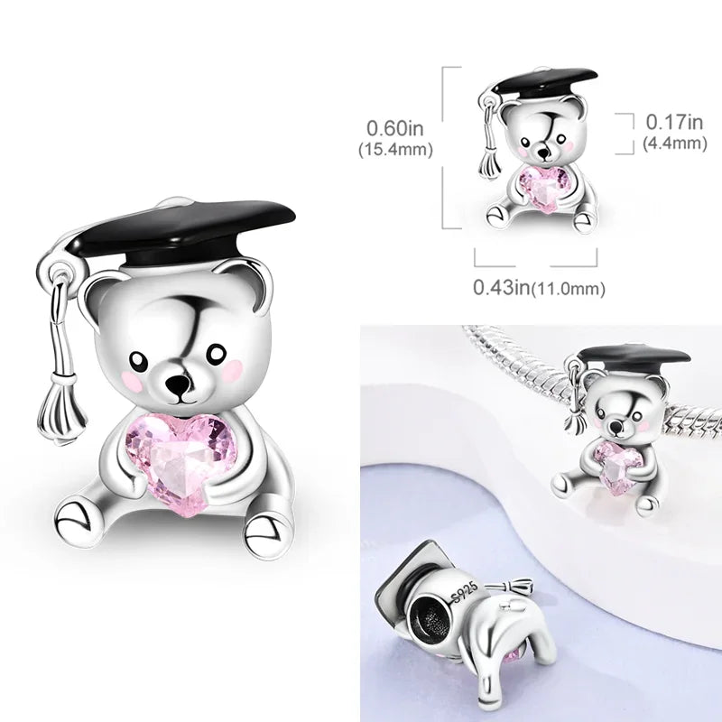 925 Sterling Silver Graduation Charms – Colored Bachelor’s Hat & Flower Beads Fit 4MM Bracelets Jewelry Gift