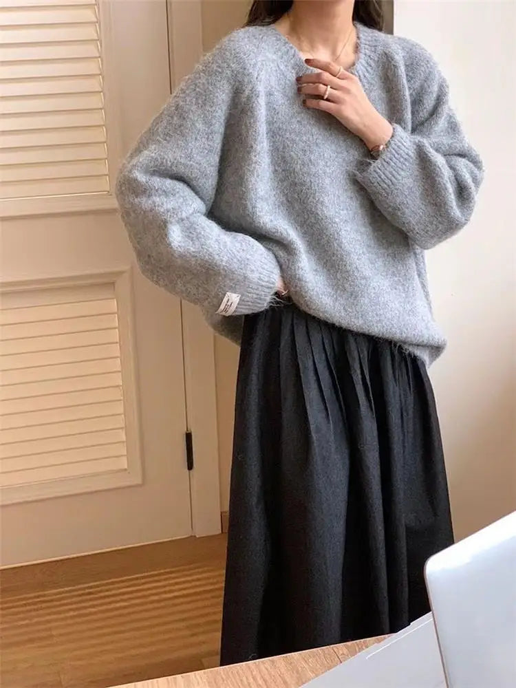 Loose Women’s Blue Sweater | Korean Casual Knitwear | Spring Autumn Round Neck Pullover