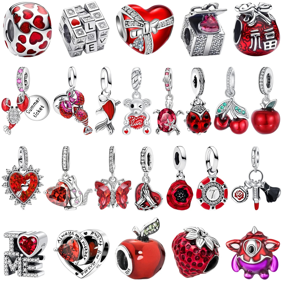 925 Sterling Silver Red Heart Charms | Apple, Rose & Gift Box Beads Fit Original Bracelet Necklace Women Jewelry