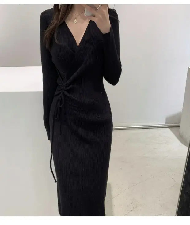 Chic V-ne Pleated Dstring Slimming Mid-length Wrap Body Knitted Dr Women's Sweater Dr Korean Sle High Waist A-line