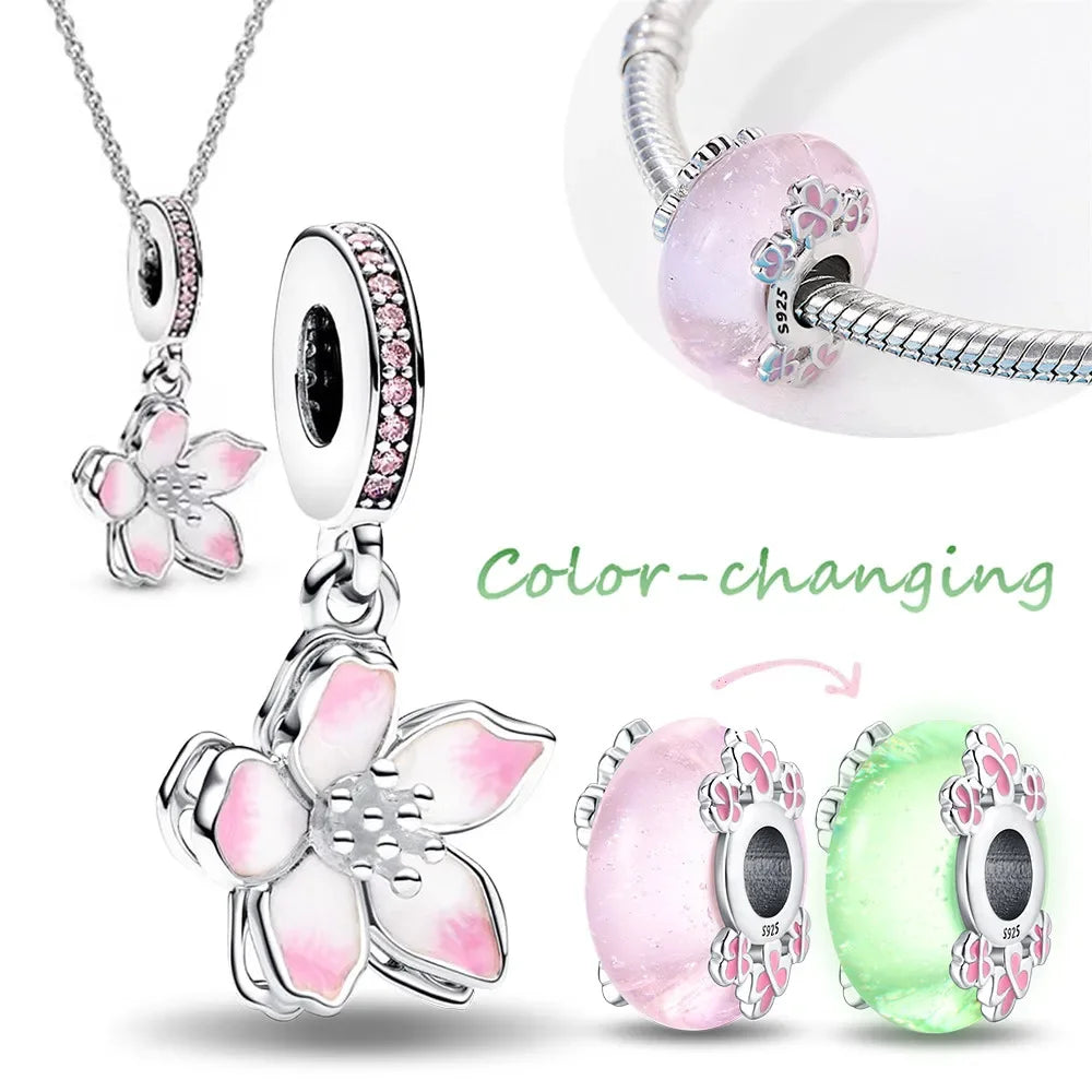 925 Silver Pink Cherry Blossom 🌸 Dangle Charm Bead for Pandora Bracelet