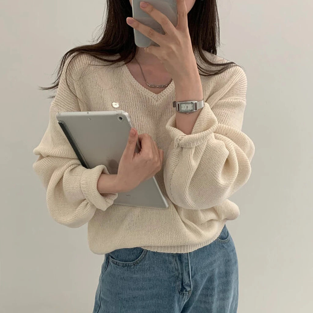 Loose Women’s Knitwear V-Neck Long Sleeve T-Shirt – Casual Comfortable Fashionable Autumn Top New Arrival