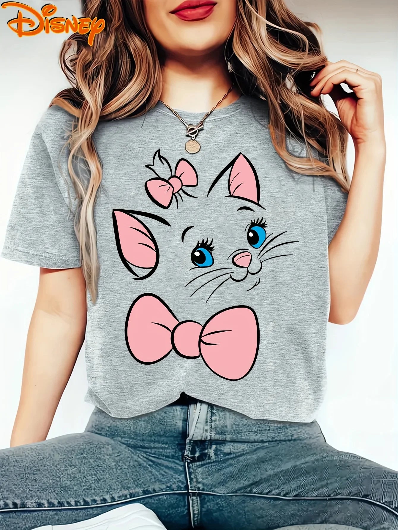 Women’s Disney Marie Cat & Pink Bow T-Shirt – Men Cotton Oversize O-Neck Casual Tee