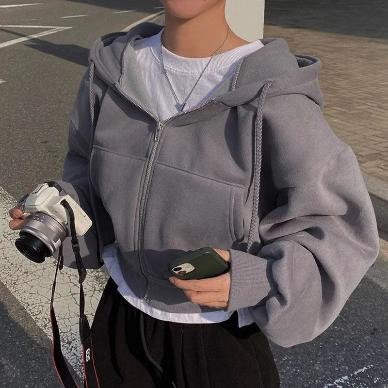 Women's Oversized Zip Up Hoodie | Retro Solid Color Sweatshirt | Autumn Harajuku Loose Short Jacket