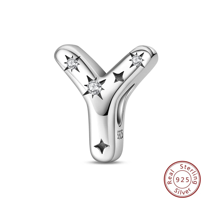 Classic 925 Sterling Silver A–Z Alphabet Charms | Letter Beads with Stars Fit Original Bracelet DIY Jewelry for Women