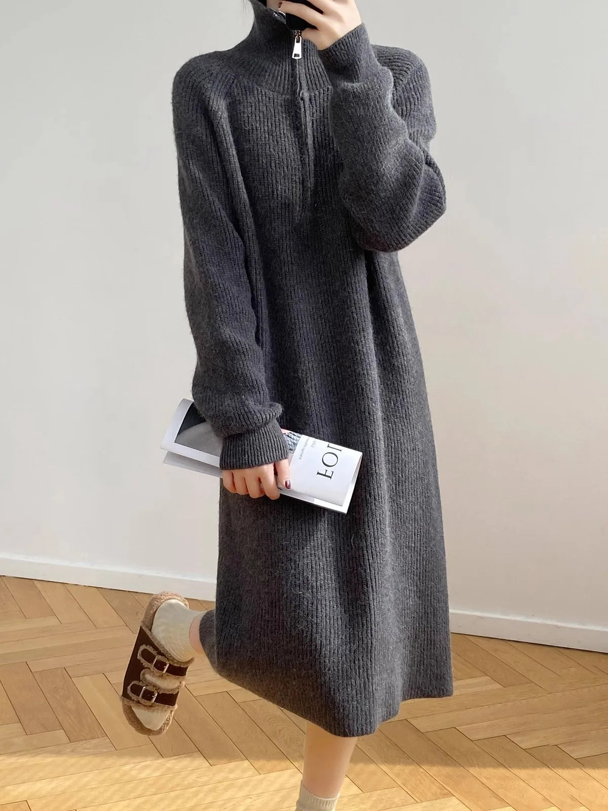 Thickened Long Sleeve Knitted Dress with Zipper Collar – Straight Tube Korean Style Winter Women’s Commute Warm Dress