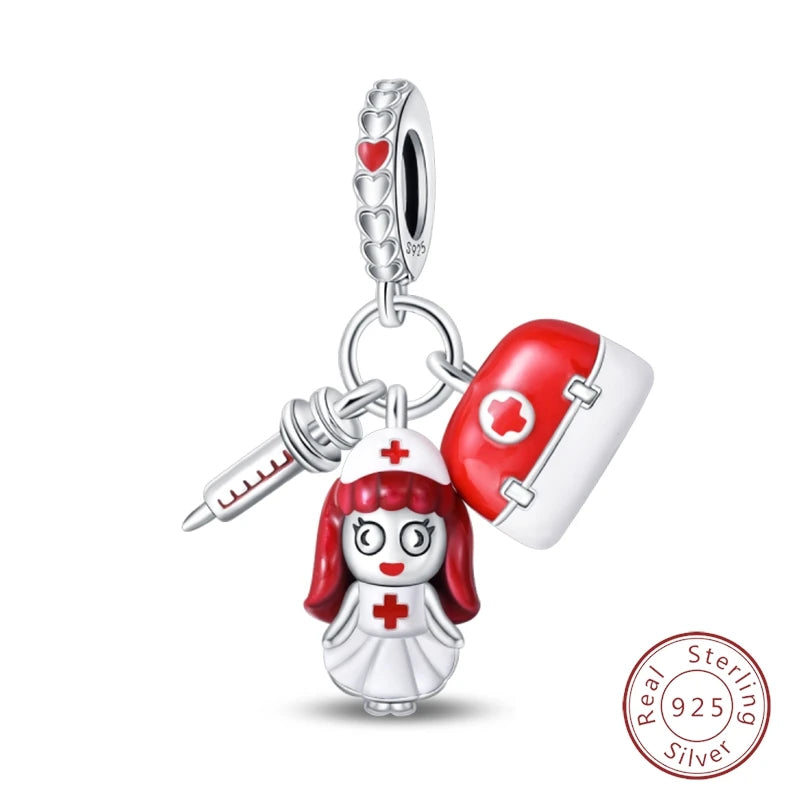 Doctor Nurse 925 Sterling Silver Charms Beads | Original Trendy Medical Pendant for DIY Bracelet Jewelry