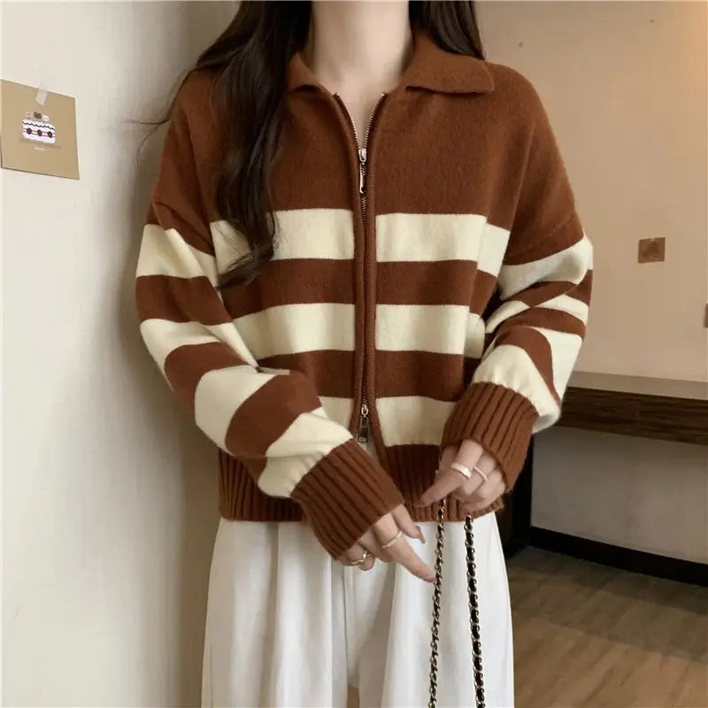 🔥 Retro American Spicy Long Sleeve Sweater for Women 🍂 Winter Loose Fit Knit Top | Unique Stripe Lazy Style Pullover ❄️