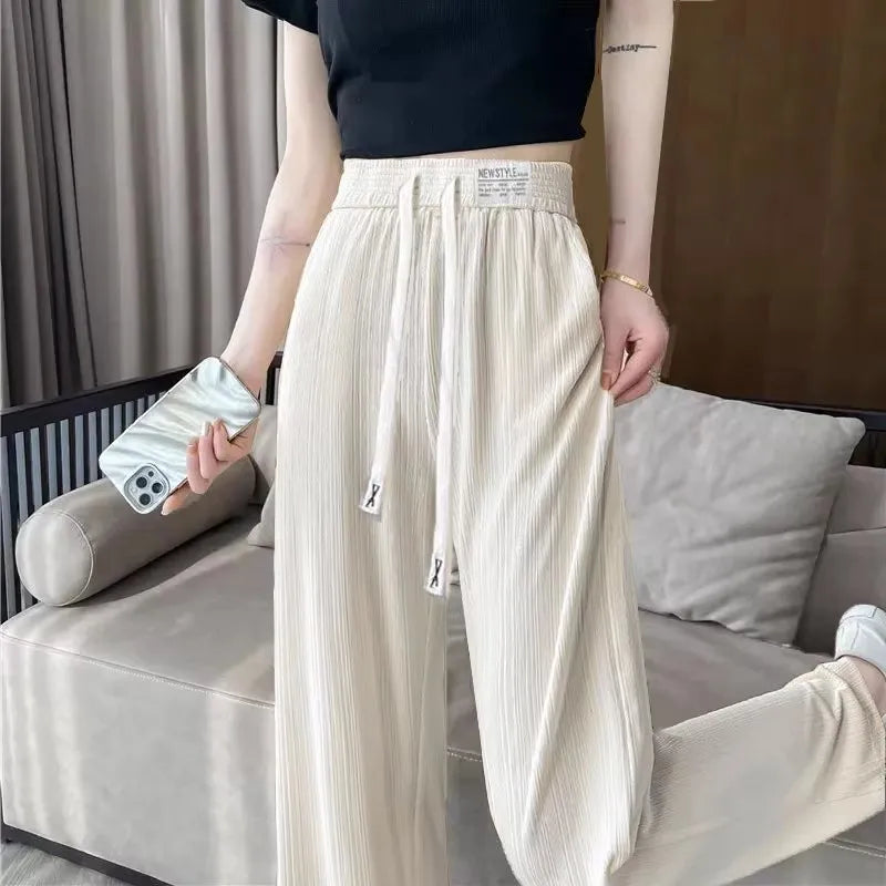 New 2025 Women’s Ice Silk Wide Leg Pants – High Waist Loose Thin Straight Casual Korean Trousers