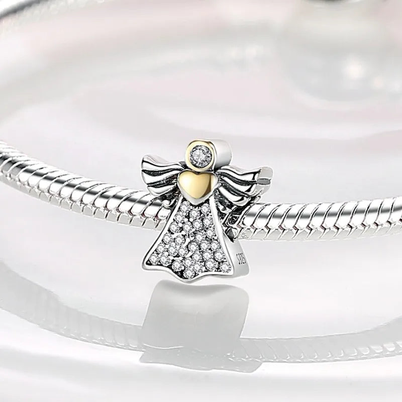 S925 Silver Angel Baby Charms | Heart Shape Wings Dangle Beads Fit Bracelet & Necklace