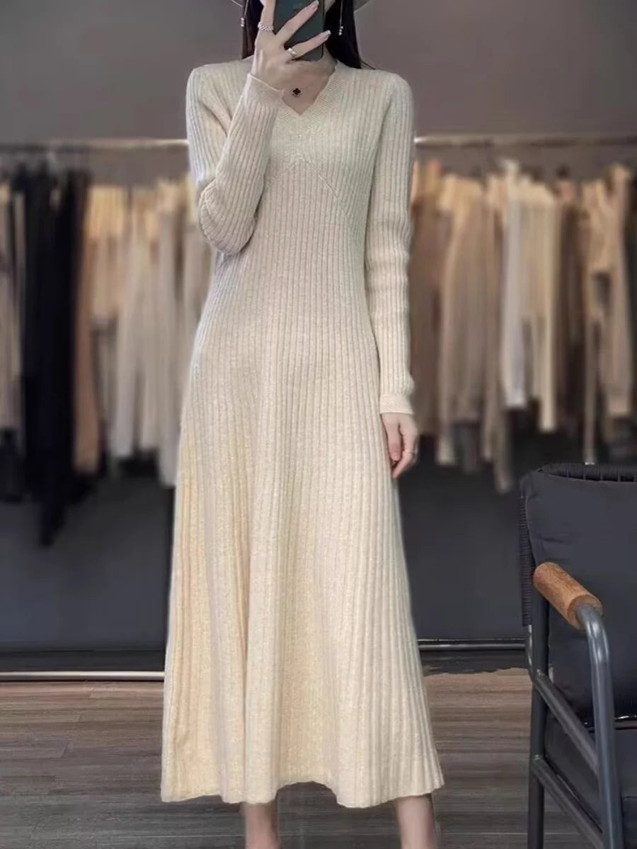 Women’s Mid-Length Knitted Camere Dress – Slimming Base Layer Over-Knee Wrap V-Neck A-Line Gown | Spring & Autumn New