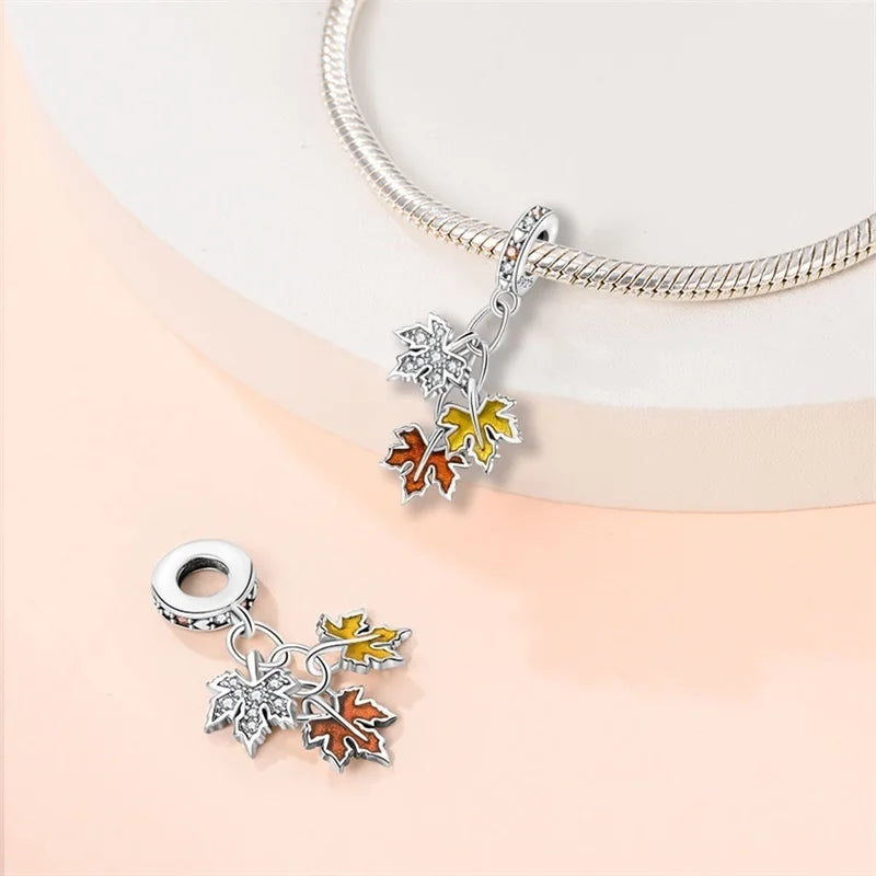 925 Sterling Silver Squirrel & Maple Leaf Charm | Shiny Zircon Autumn Beads Fit Pandora Bracelet DIY Jewelry