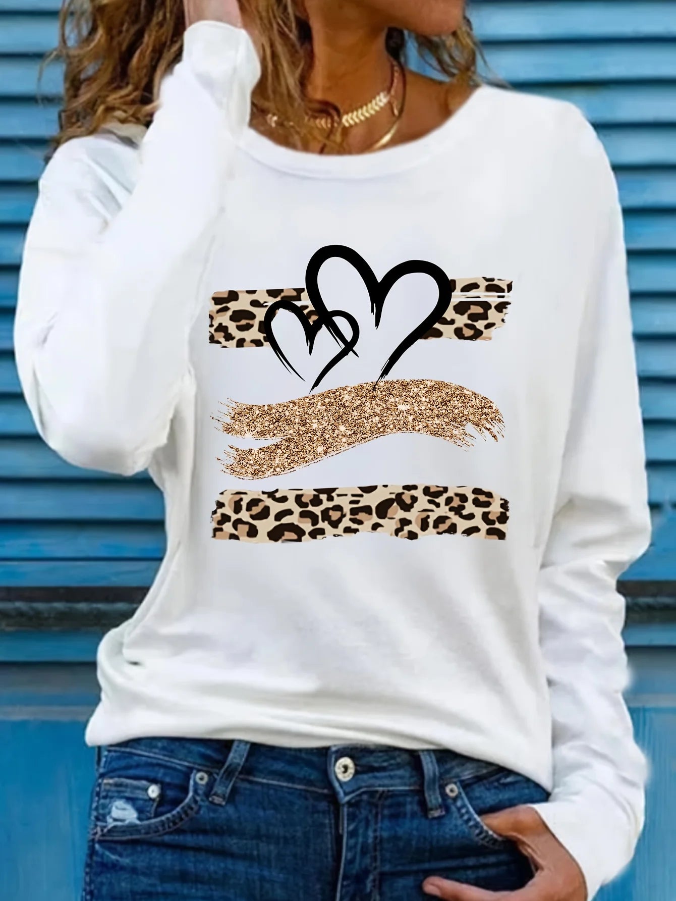 Women’s Spring Autumn 100% Cotton Long Sleeve T-Shirt – Casual Loose Round Neck with Leopard & Heart Print