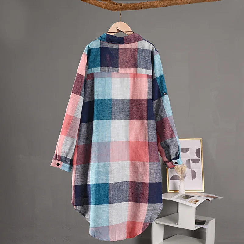Women’s Plaid Shirt – Casual Long Sleeve Blouse Check Linen Cotton Tops for Women 🌿✨